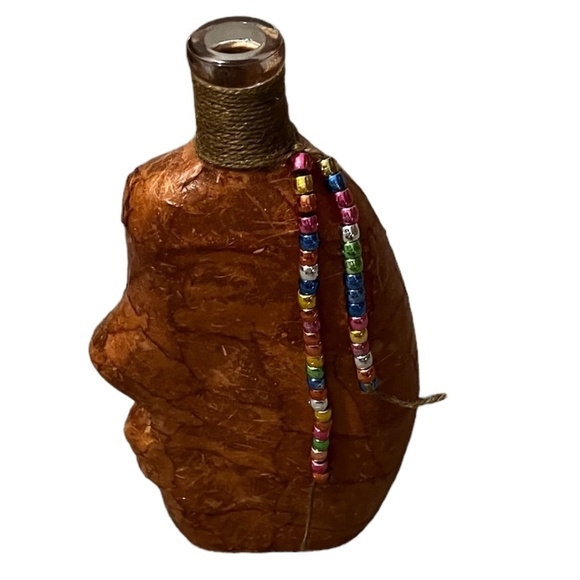 NWOT Glass bottle Face art paper mache with beads Strings, Brown - Picture 2 of 9